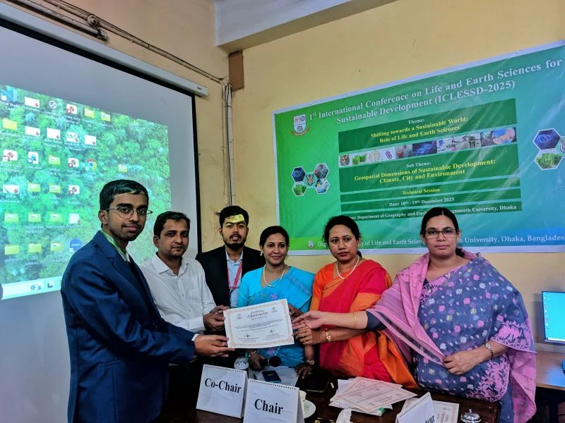 Md Sabbir Islam receiving a certificate of participation from the session chairs in front of the ICLESSD-2025 banner