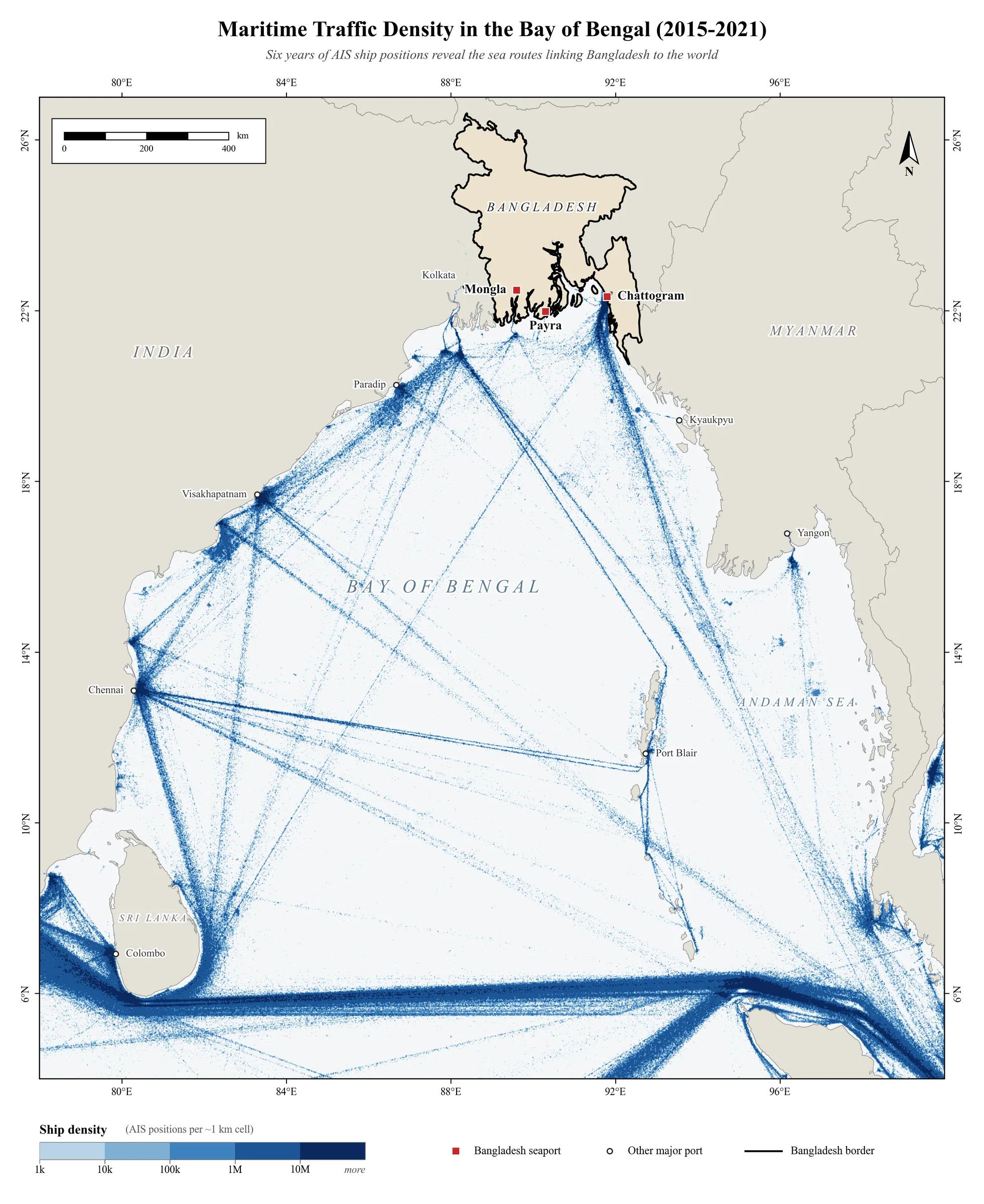 Map of ship traffic density in the Bay of Bengal from AIS data, 2015 to 2021, showing routes to Chattogram, Mongla and Payra ports