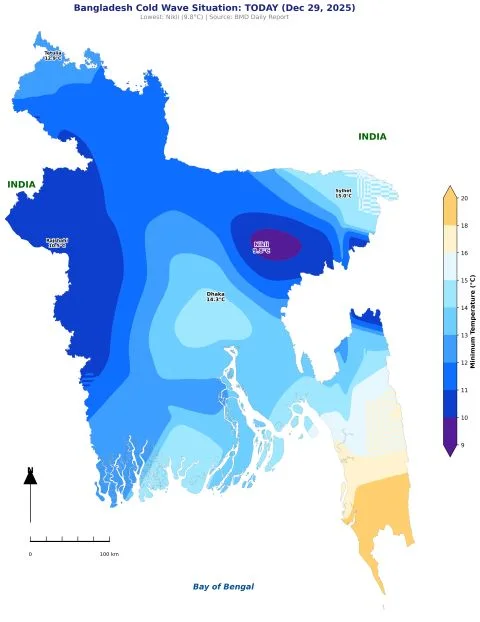 Map of minimum temperature across Bangladesh on 29 December 2025, coldest around Nikli