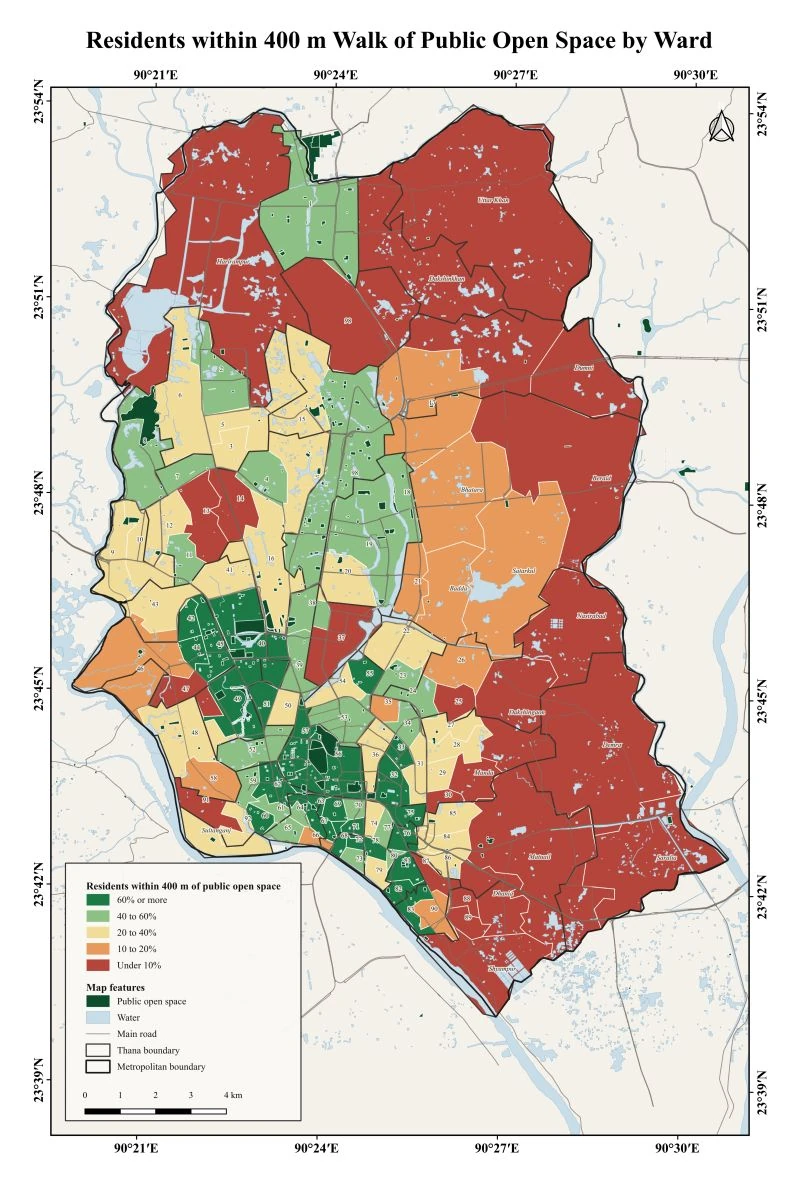 Map of Dhaka wards showing the share of residents within a 400 m walk of public open space, high in the old city and low in the north and east