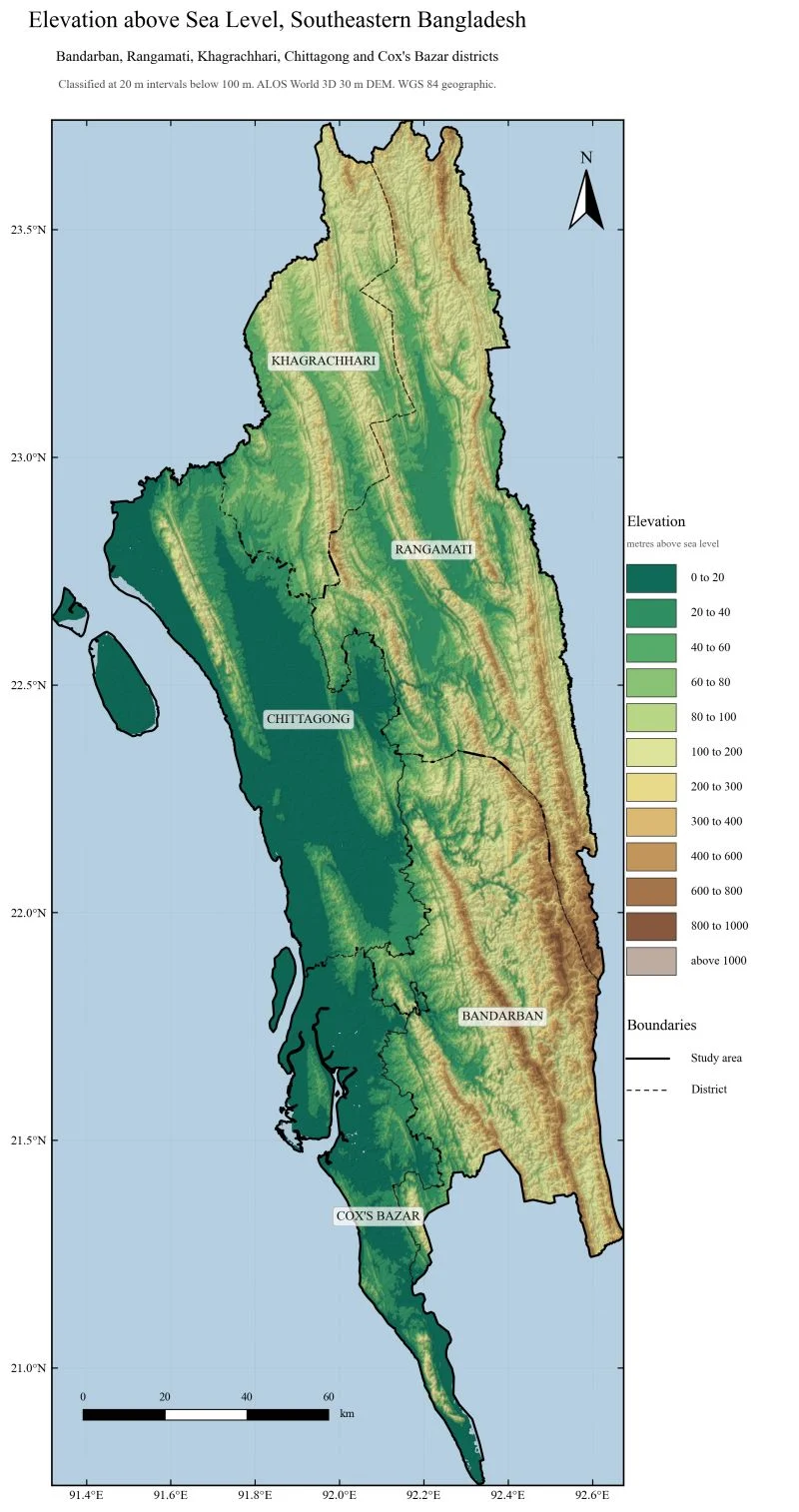 Hillshaded elevation map of the Chittagong Hill Tracts and coastal southeast Bangladesh