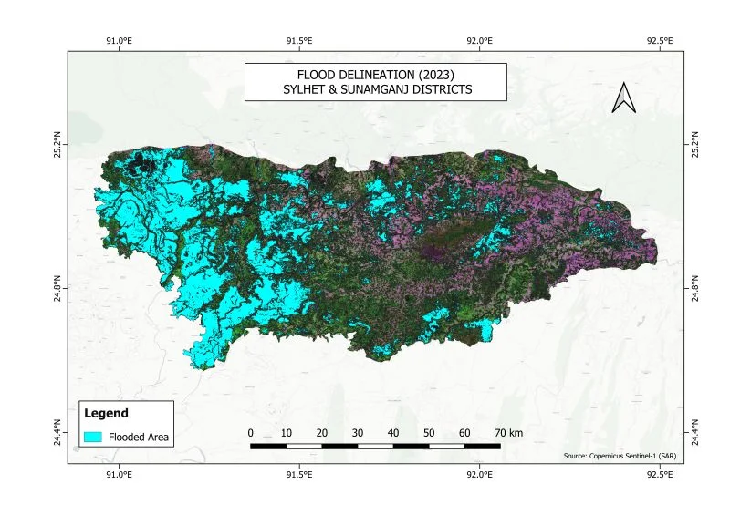 Map of Sylhet and Sunamganj districts with flooded areas in cyan, mostly in the west