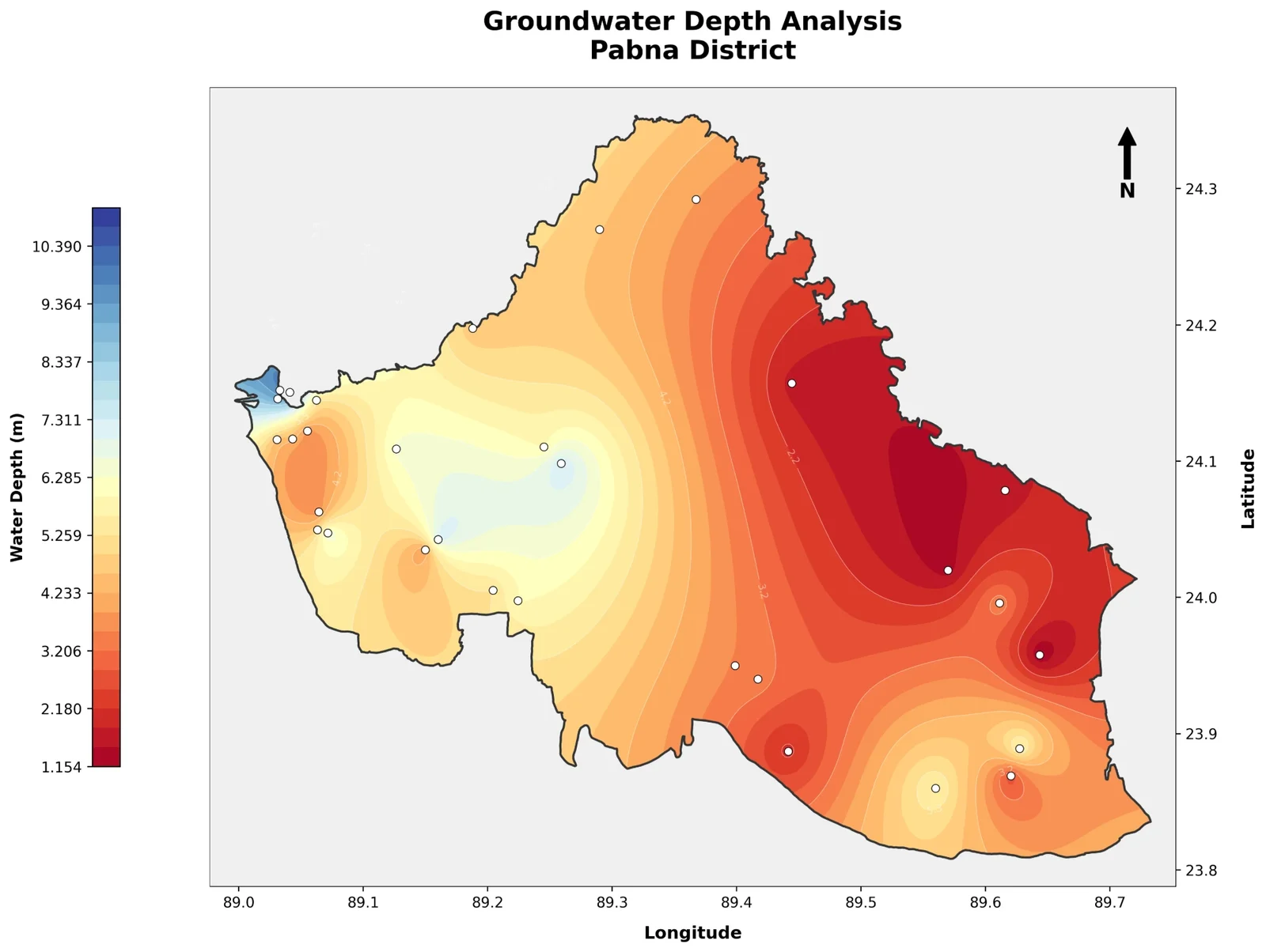 Groundwater depth map of Pabna District, shallow in the east and deeper in the far west
