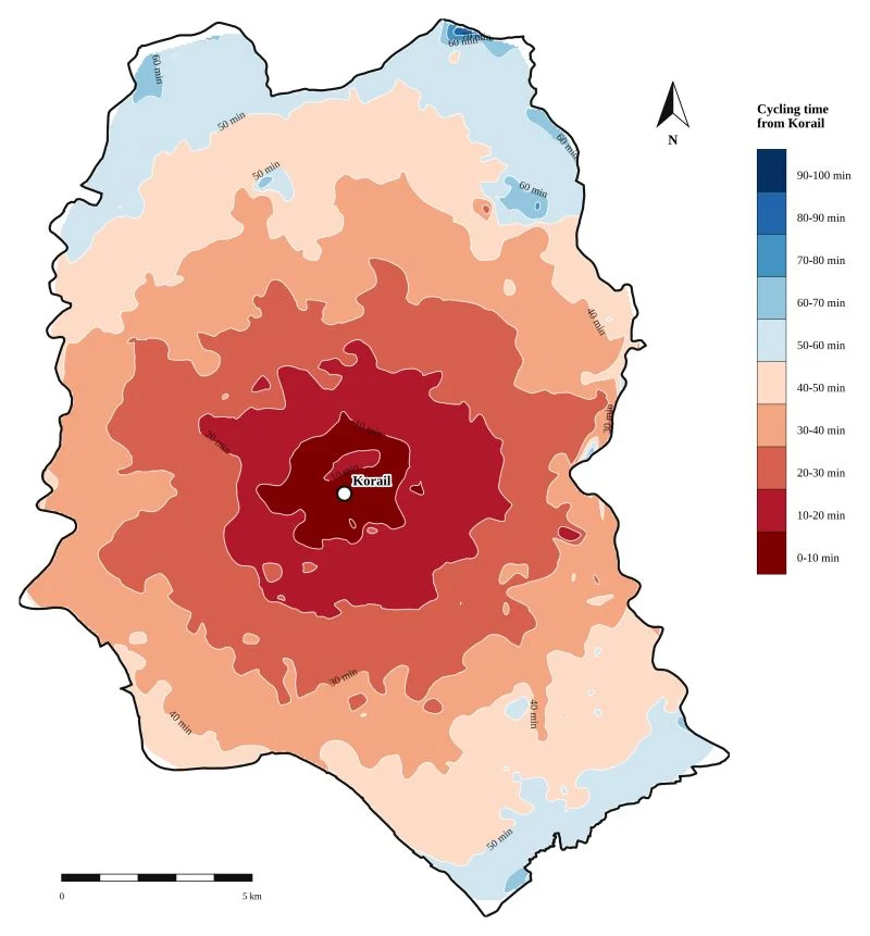 Isochrone map of cycling time from Korail, Dhaka, in 10 minute bands
