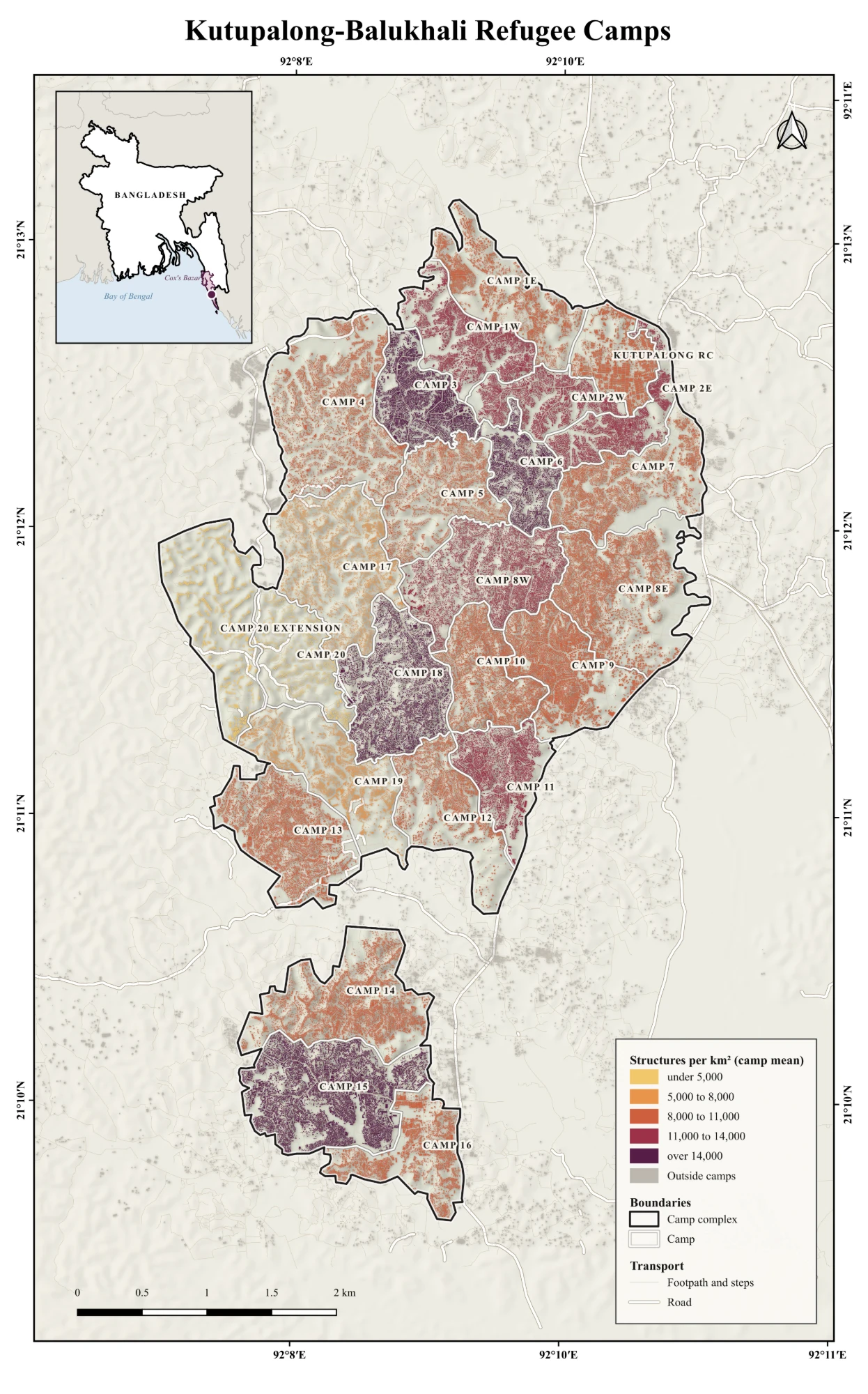 Map of the Kutupalong-Balukhali refugee camps in Cox's Bazar, each camp shaded by structures per square kilometre, densest in Camps 3, 6, 15 and 18