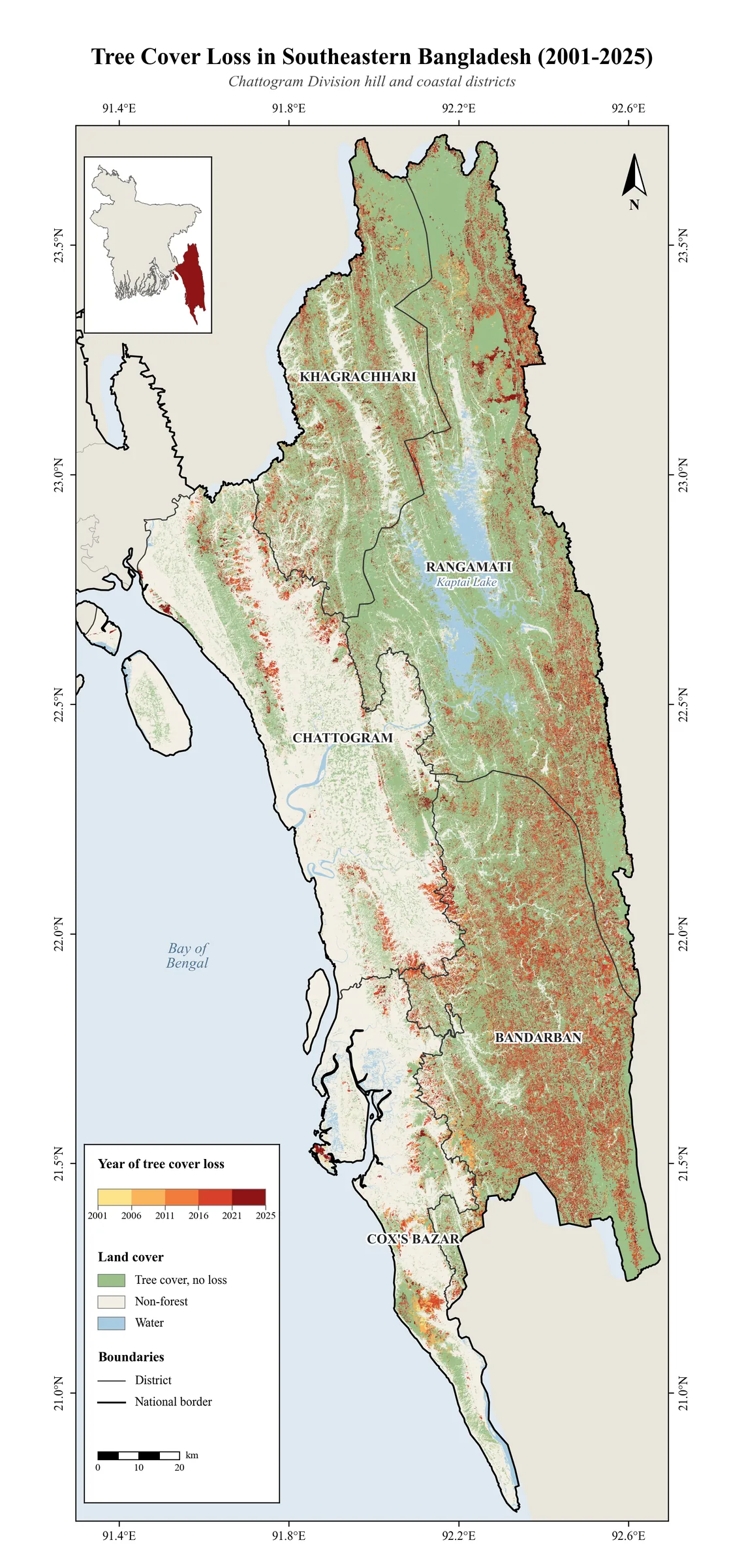 Tree Cover Loss in Southeastern Bangladesh (2001-2025), map by Md Sabbir Islam