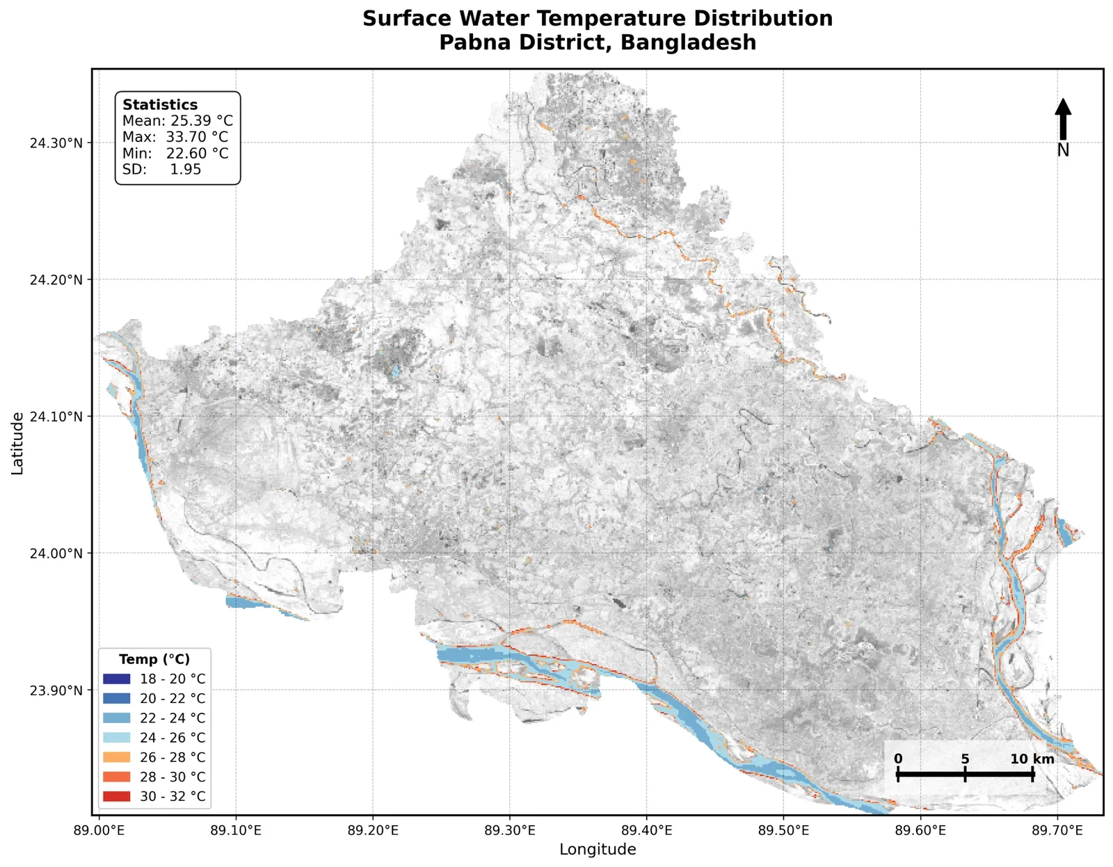Map of Pabna District with surface water temperature along the Padma and Jamuna rivers